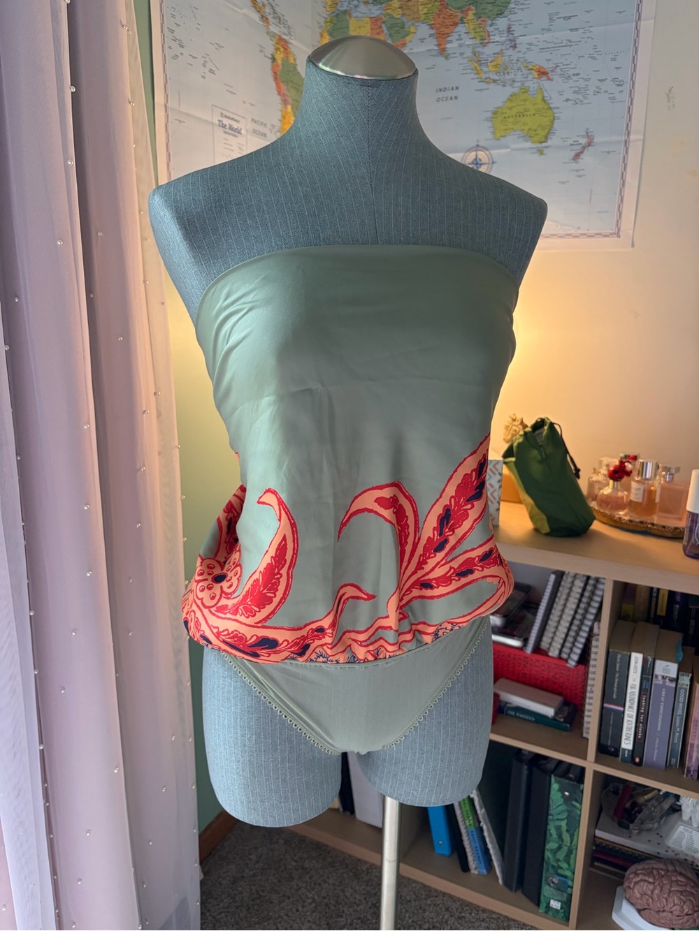 Free People Silky Moss Green Strapless Bodysuit with Coral Floral Trim